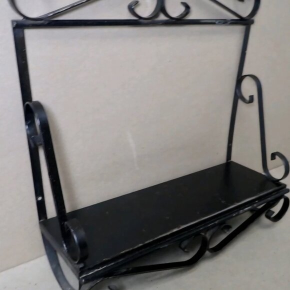 Vintage Wrought Iron Black Wall Shelf with Scroll Elements - Picture 2 of 8